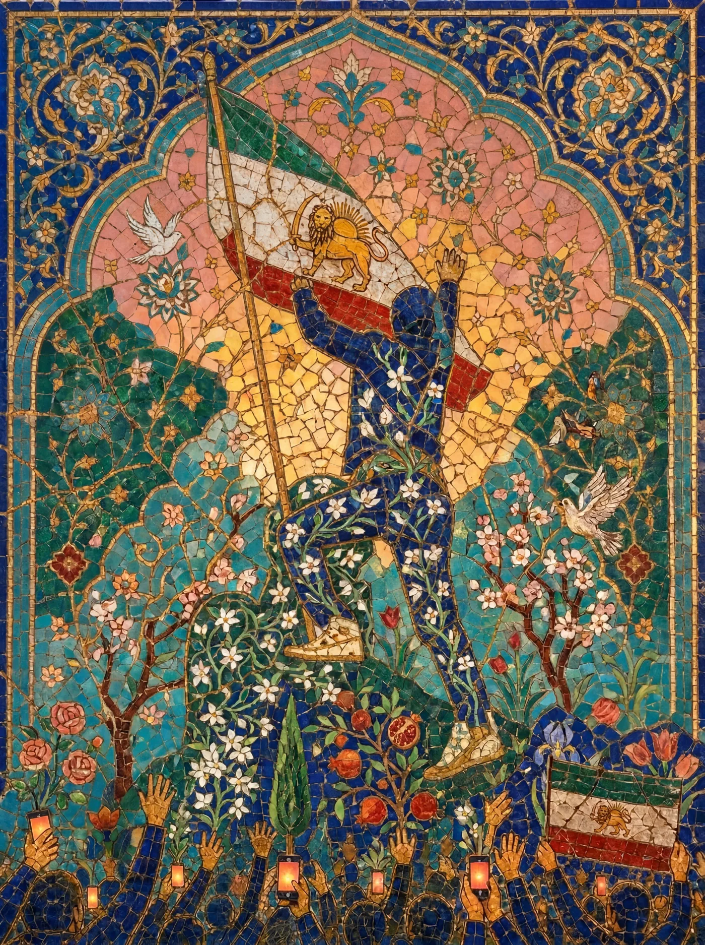 A Persian mosaic of a flag-bearer raising the Lion and Sun flag.